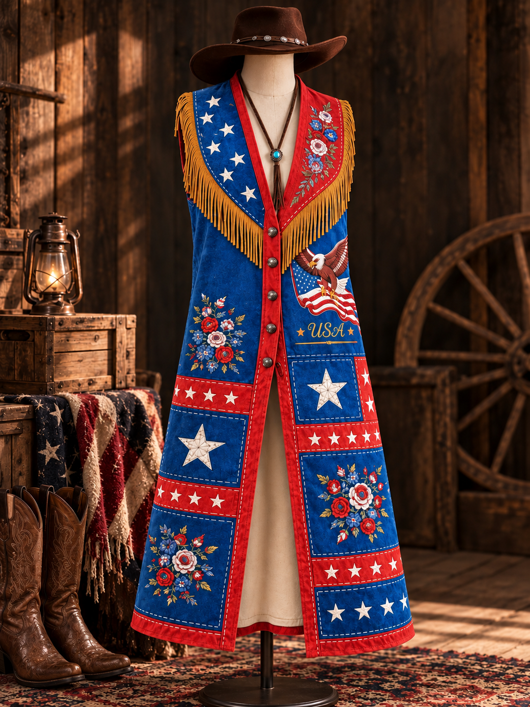 American Pride Art Western Style Sleeveless Fringe Jacket