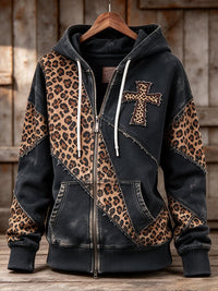 Women's Retro Faith Cross Leopard Print Patchwork Casual Hoodie