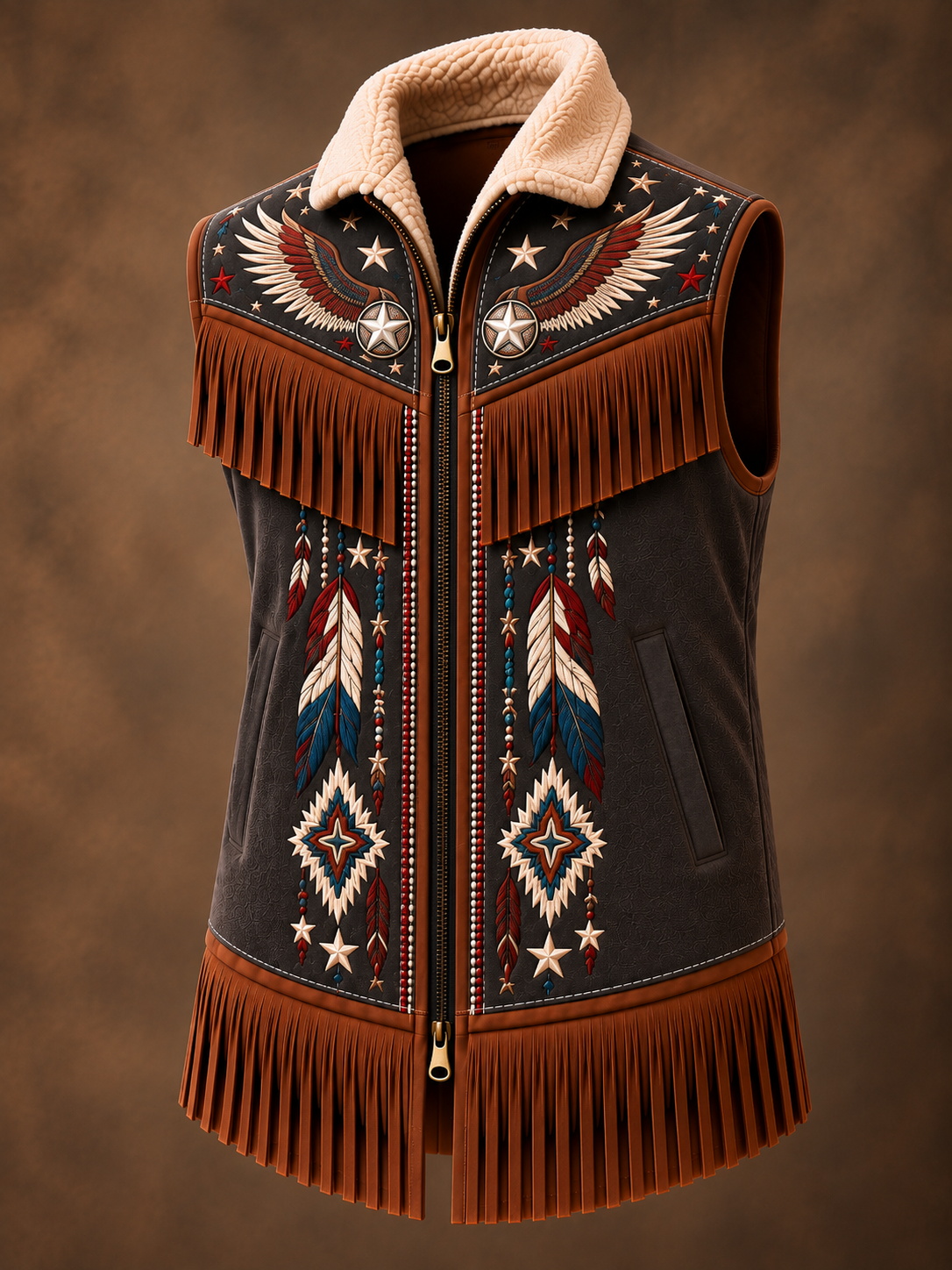 Men's Western Art Fur Collar Long Sleeve Fringe Jacket