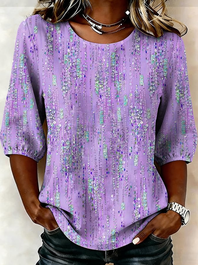 Women's Purple Floral Art Print Round Neck Shirt