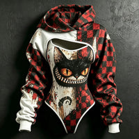 Women's Retro Halloween Plaid Cat Print Hoodie Two-piece Set