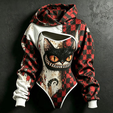 Women's Retro Halloween Plaid Cat Print Hoodie Two-piece Set