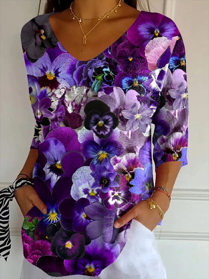 Women's Casual Retro Purple Art Striped T-Shirt