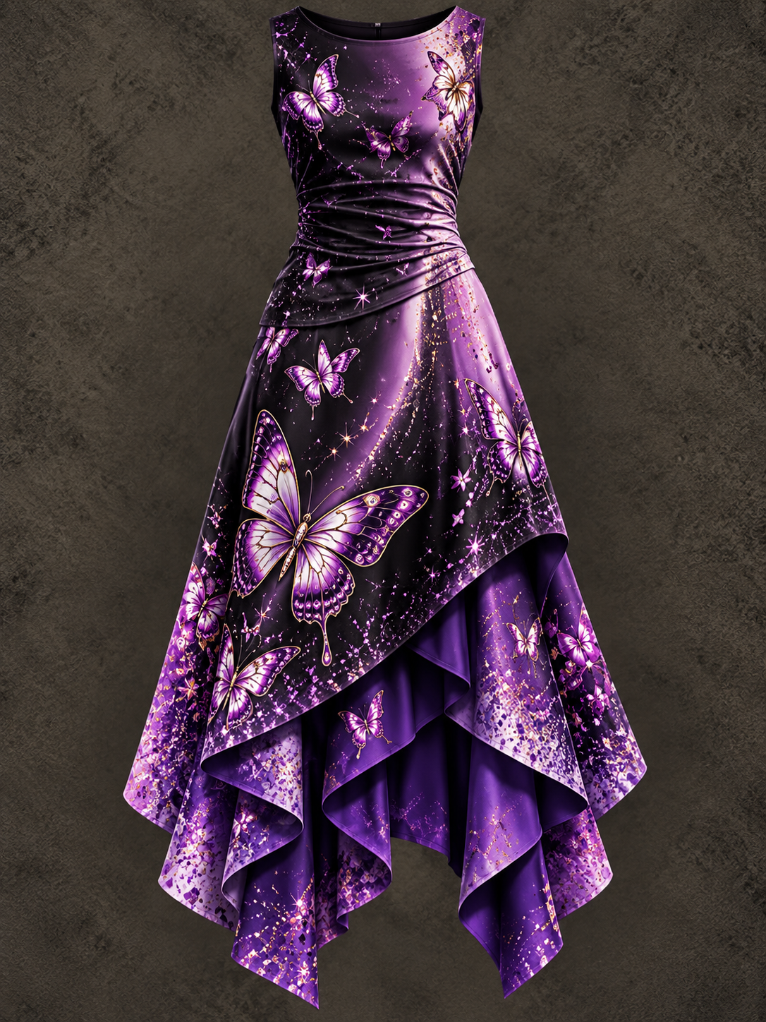 Retro Art Printed Vintage Sleeveless Irregularly Layered Stitched Midi Dress