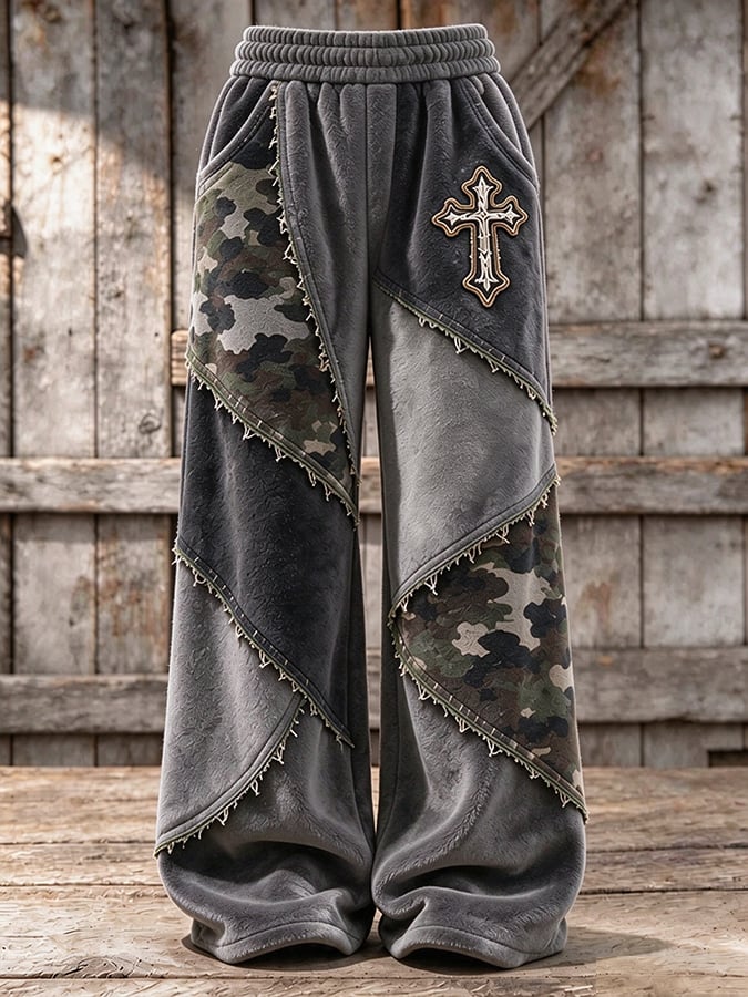 Women's Retro Camouflage Cross Pattern Patchwork Print Casual Flannel Sweatpants