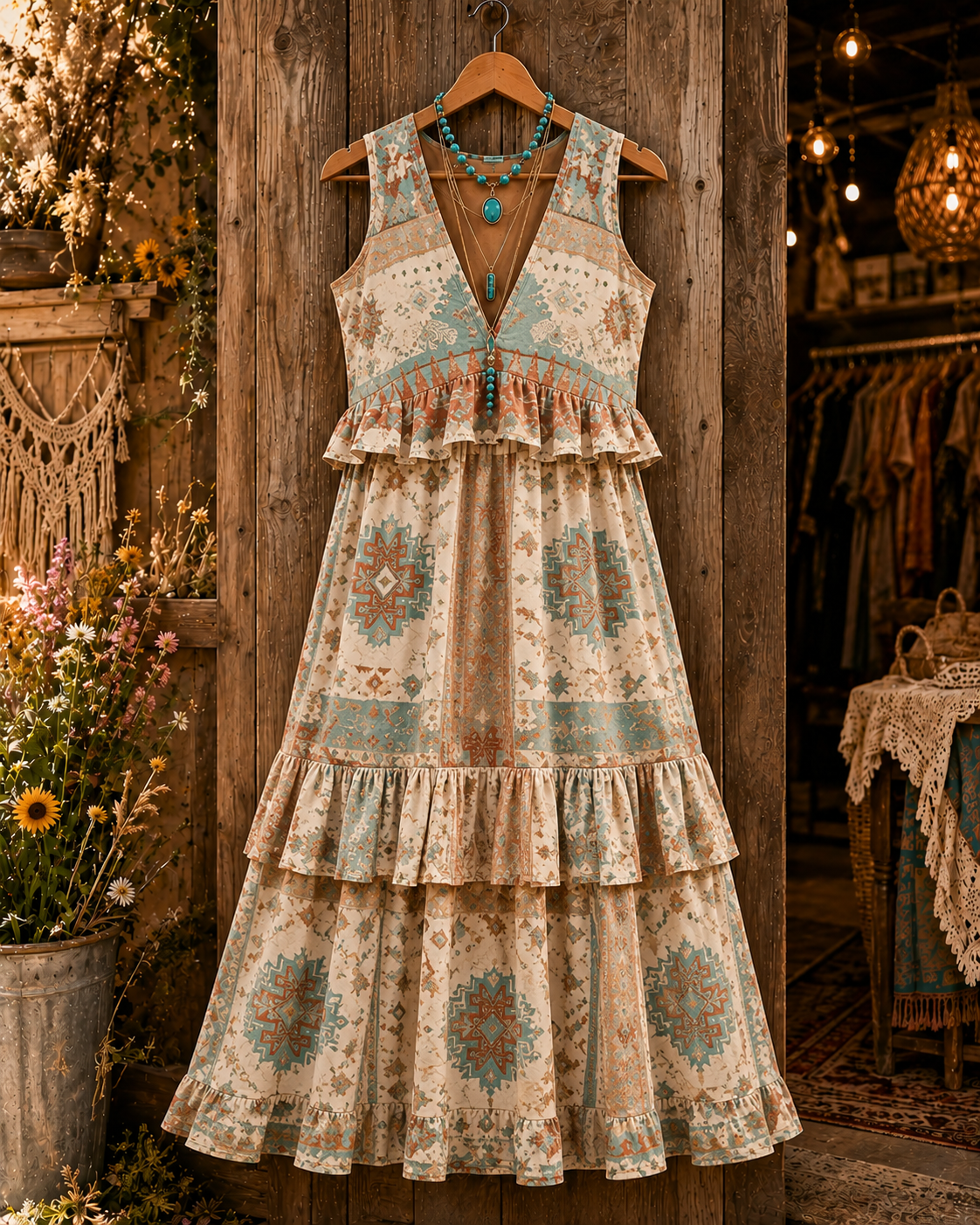 Floral Art Printed Vintage V-Neck Sleeveless Midi Dress
