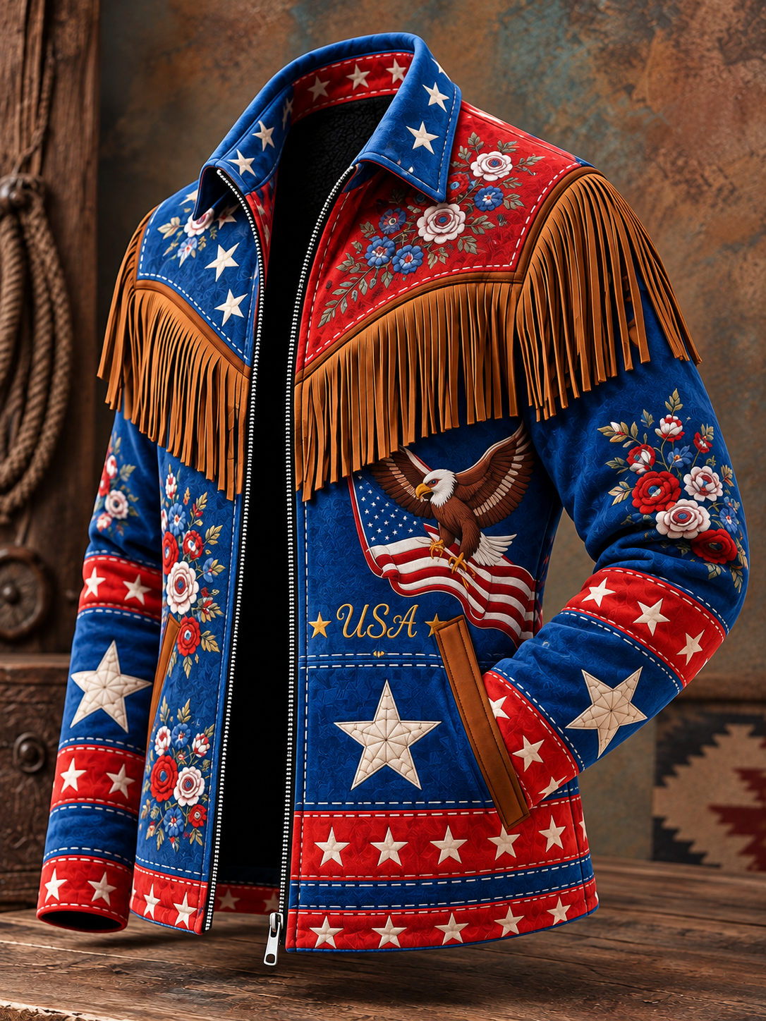 Men's Western Style Art Print Vintage Long Sleeve Fringe Jacket