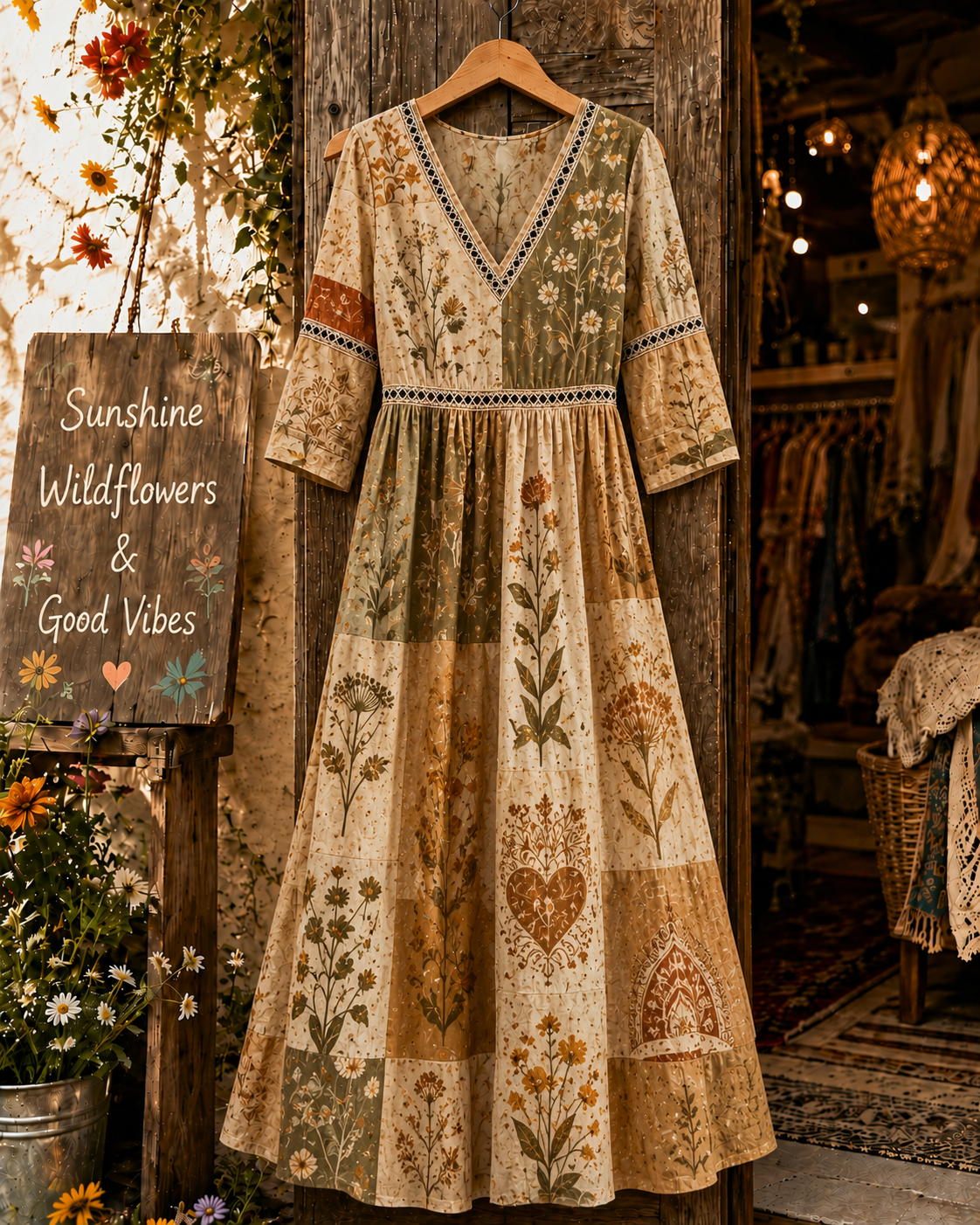 Retro Floral Art Print V-Neck Western Dress