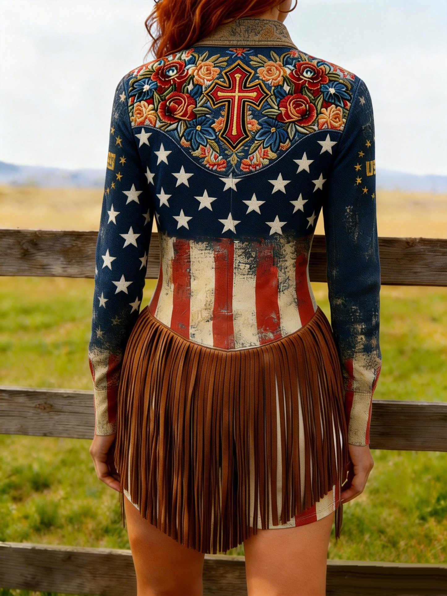 Vintage Style Flag Golden Eagle Print Tassel Western Dress