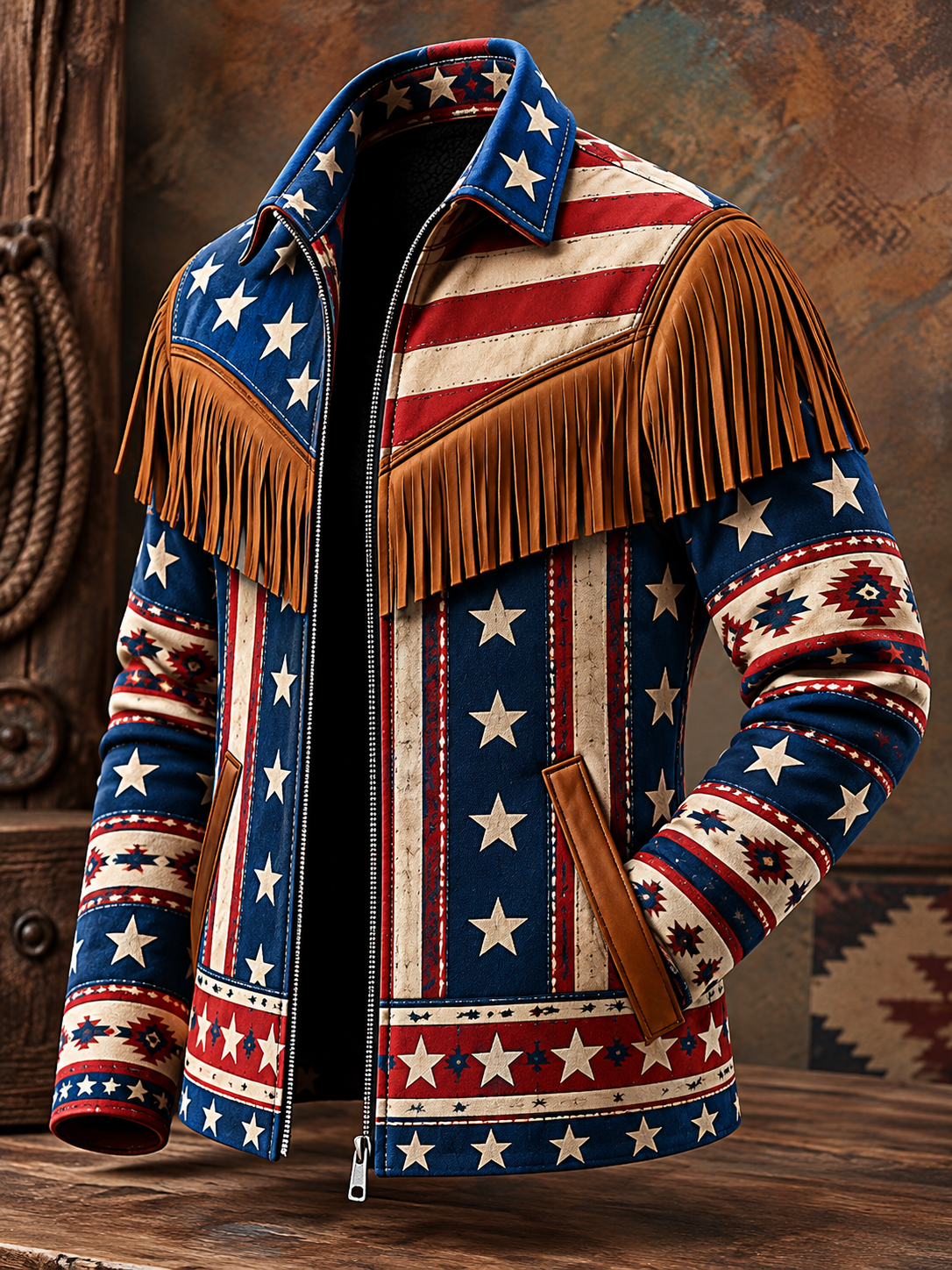 Men's Western Style Art Print Vintage Long Sleeve Fringe Jacket