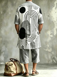 Men's Abstract Geometric Art Print Casual Henley Collar Short-sleeve Linen Top Shorts Two-piece