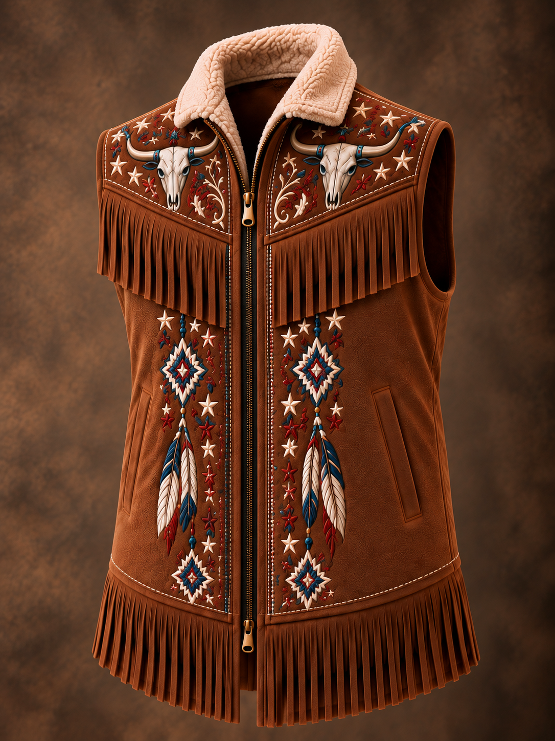 Men's Western Art Fur Collar Long Sleeve Fringe Jacket