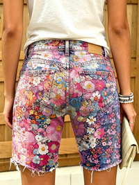 Retro Floral Print Vintage Casual Denim Shorts