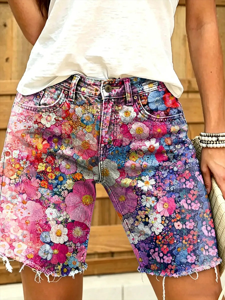 Retro Floral Print Vintage Casual Denim Shorts