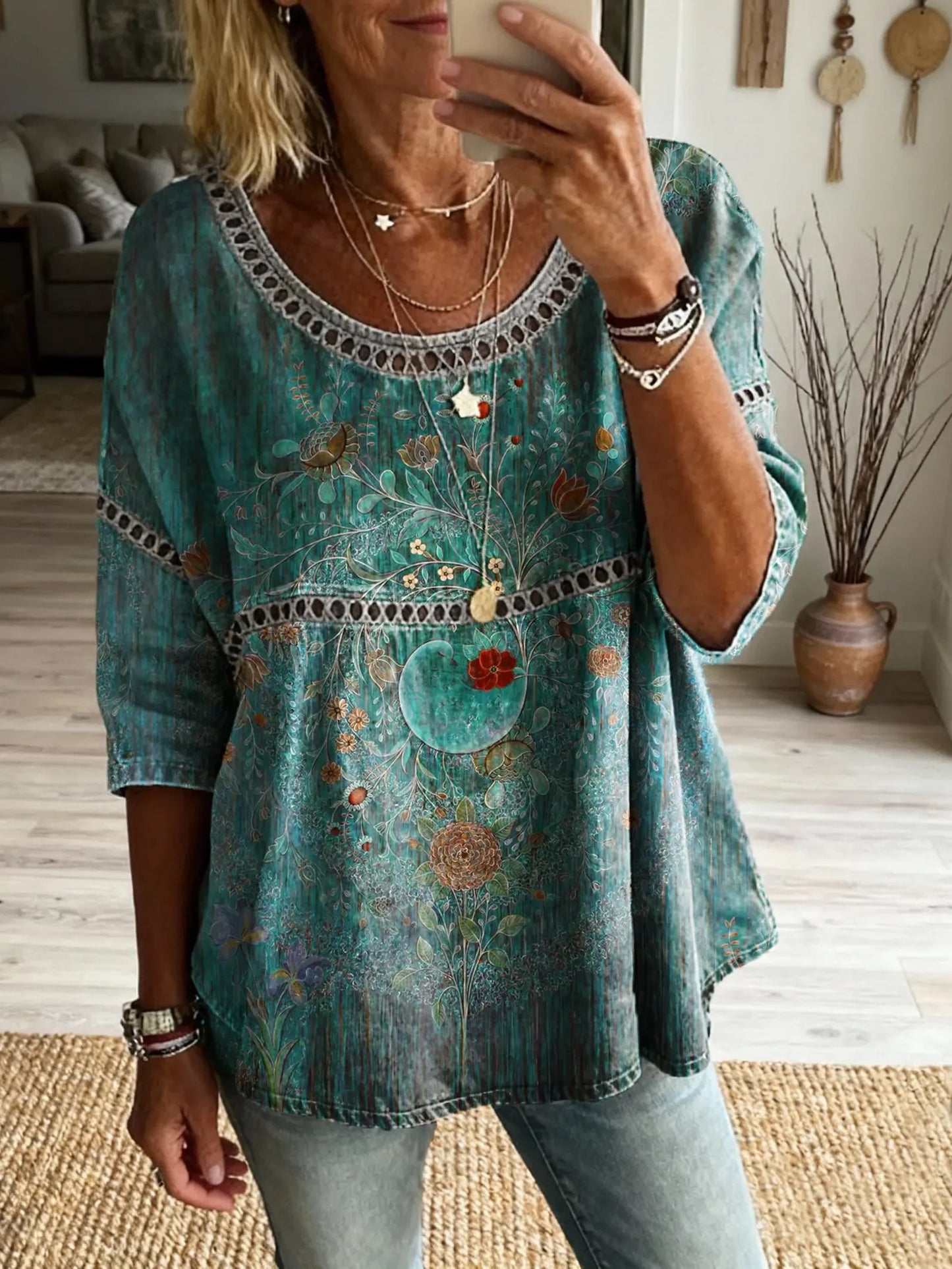 Bohemian Vintage Floral Art Print Casual Round Neck Top