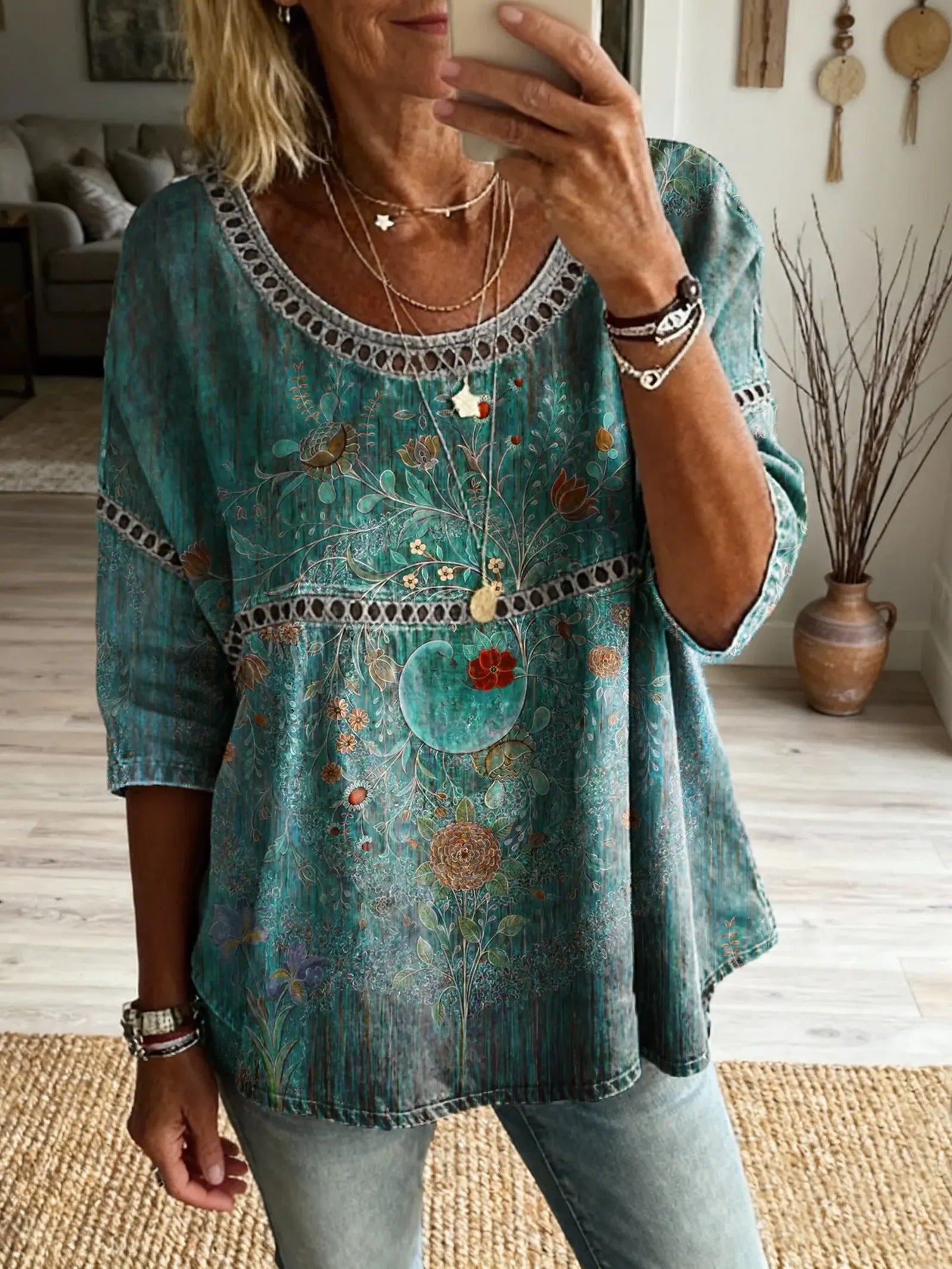 Bohemian Vintage Floral Art Print Casual Round Neck Top