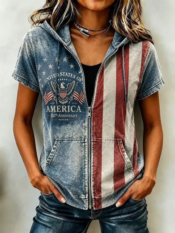 Women'S American Style Short Sleeve Hooded Top