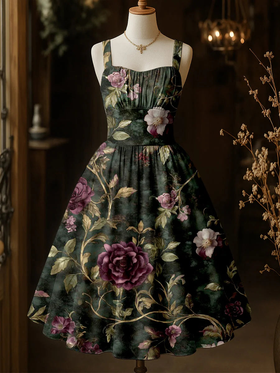 Floral Art Printed Vintage Round Neck Sleeveless Midi Dress
