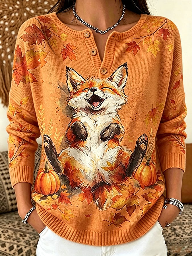 Women's Casual Print Button-Up Collar Knit Top