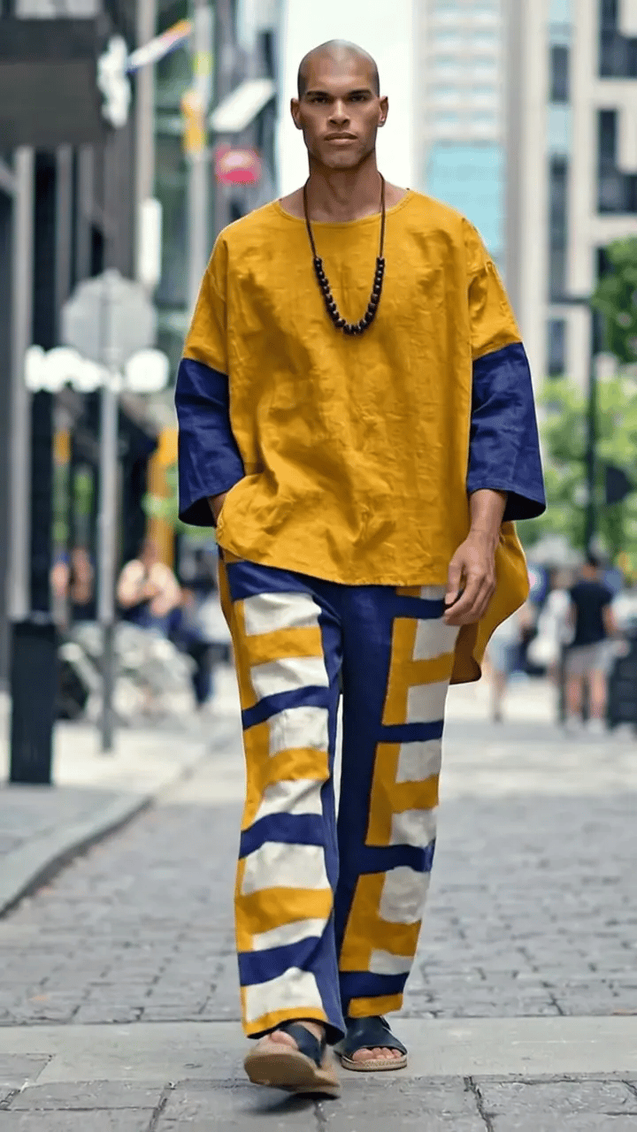 Men's Fashionable Abstract Geometric Print Casual Comfort Crew Neck Top And Pants Two-piece Set
