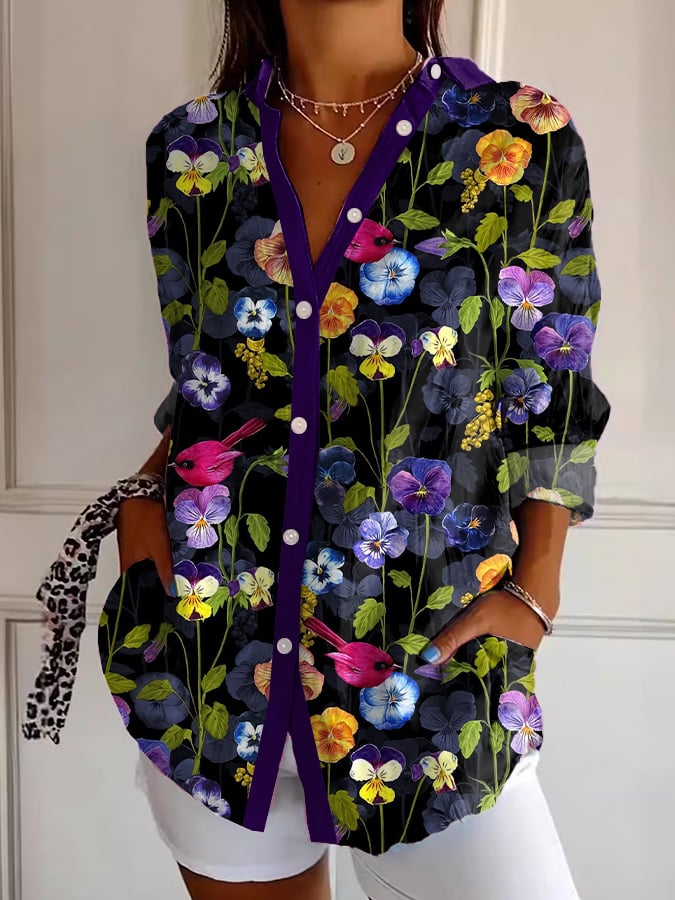 Women's casual retro purple art floral shirt