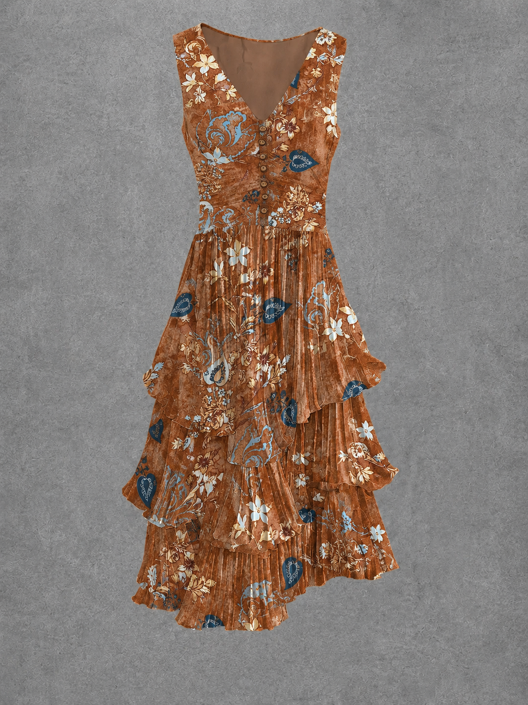 Floral Art Printed Vintage V-Neck Sleeveless Midi Dress