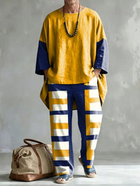 Men's Fashionable Abstract Geometric Print Casual Comfort Crew Neck Top And Pants Two-piece Set