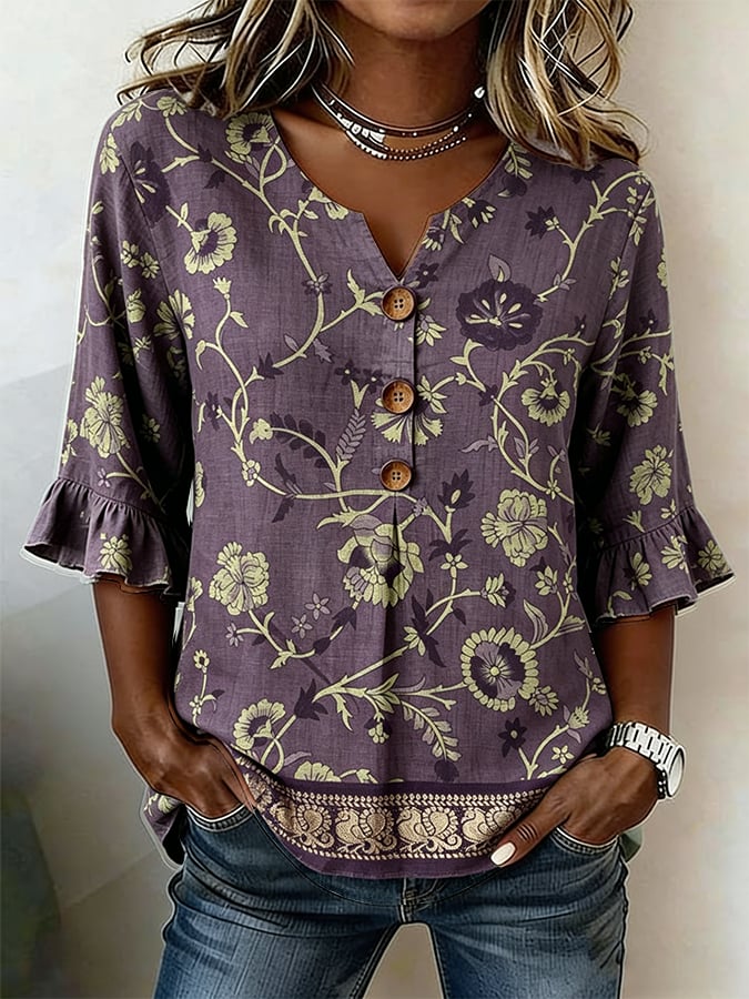 Women's Casual Purple Floral-Print Cotton-Linen Shirt