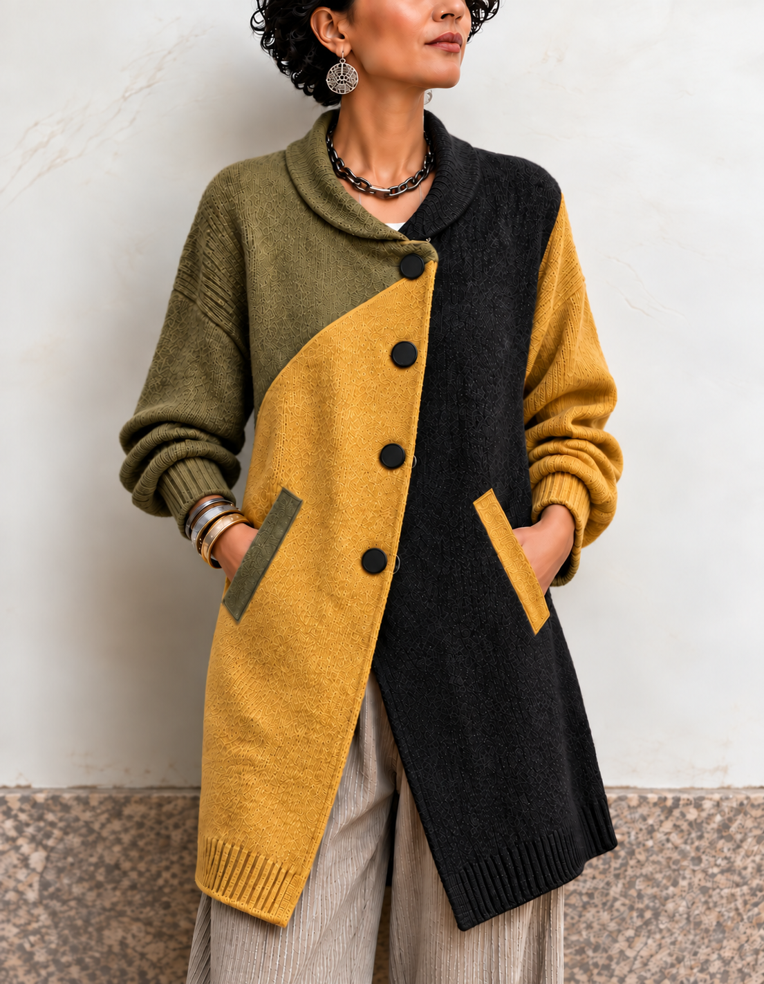 Casual Fashion Color Block Long Sleeve  Cardigan Coat