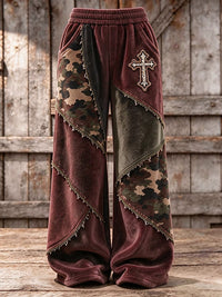 Women's Retro Camouflage Cross Pattern Patchwork Print Casual Flannel Sweatpants