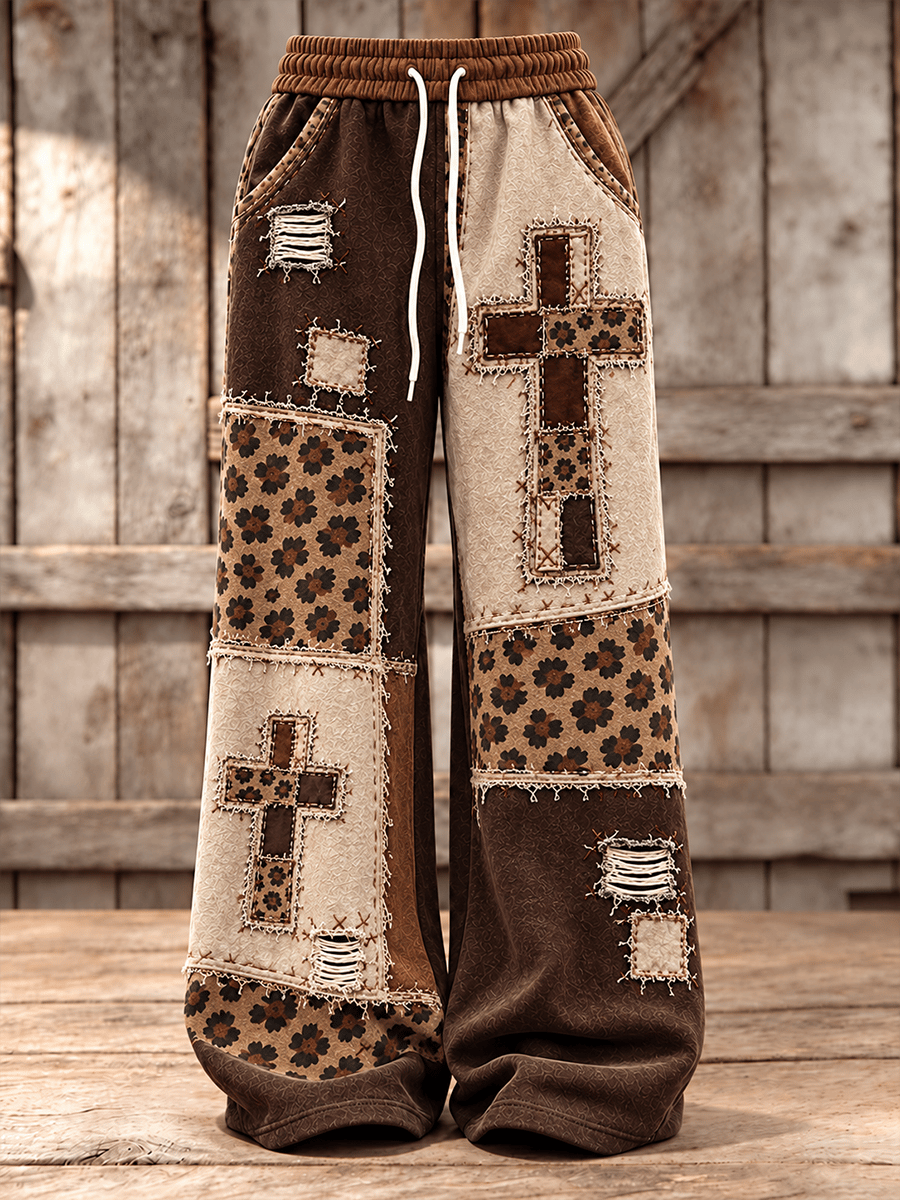 Women's Faith-themed Patchwork Art Pattern Comfortable Wide-Leg Pants
