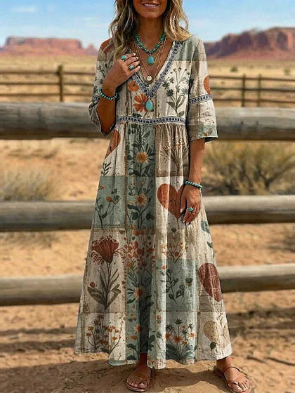 Retro Floral Art Print V-Neck Western Dress