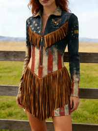 Vintage Style Flag Golden Eagle Print Tassel Western Dress