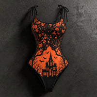 Women's Halloween Gothic Style Plant Forest Deep Castle Print Pullover Sweatshirt Two-piece Set