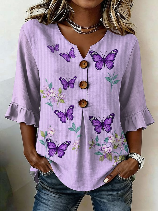 Women's Casual Purple Floral-Print Cotton-Linen Shirt