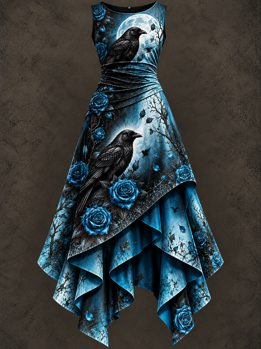 Retro Art Printed Vintage Sleeveless Irregularly Layered Stitched Midi Dress