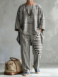 Men's Fashionable Stripes Print Casual Comfort Crew Neck Top And Pants Two-piece Set