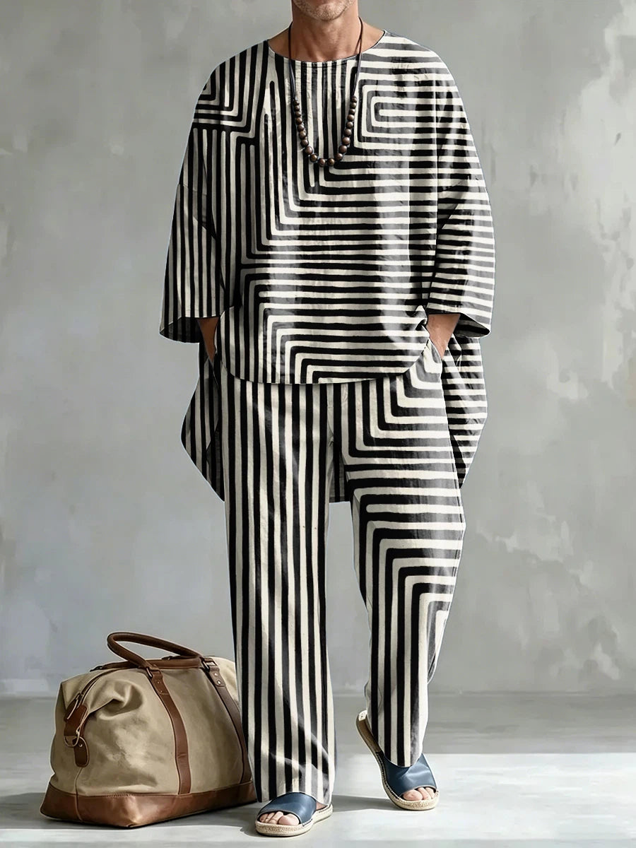 Men's Fashionable Stripes Print Casual Comfort Crew Neck Top And Pants Two-piece Set