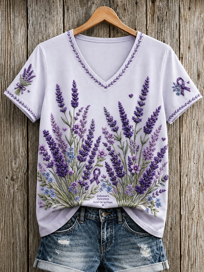 Women's Casual Alzheimer's Awareness Print V-Neck Top