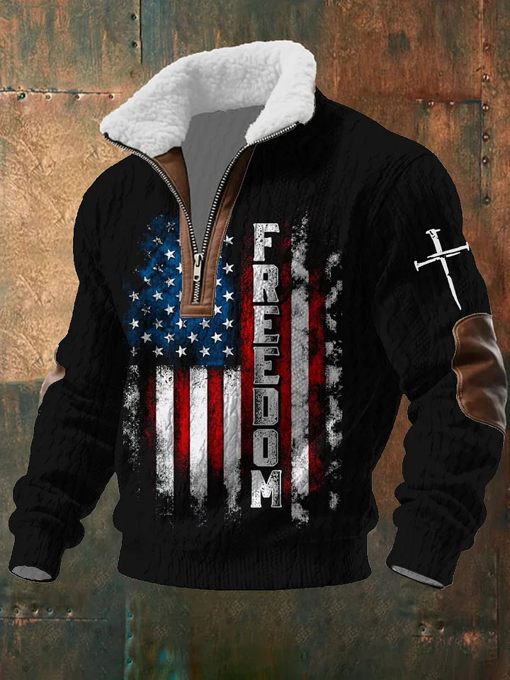 Men's Freedom American Flag Printed Jacquard Fabric Zipper Fur Collar Long Sleeve Sweatshirt