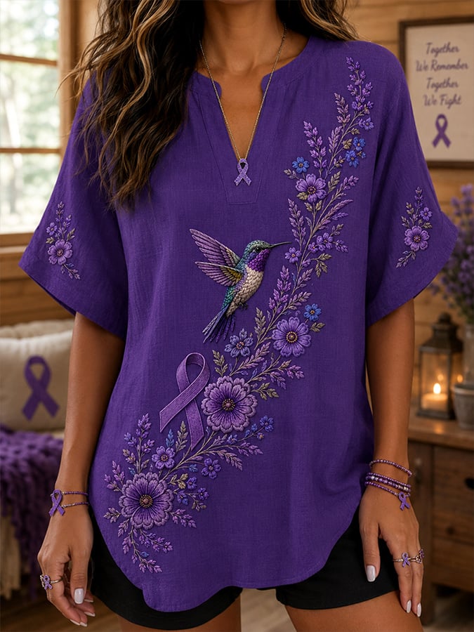 Women's Purple Floral Print Short Sleeve Blouse