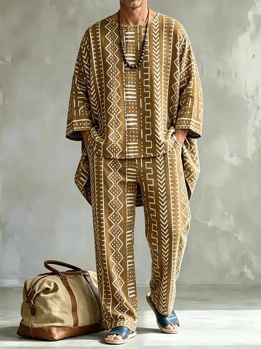 Men's Abstract Art Print Casual Comfort Crew Neck Top And Pants Two-piece Set