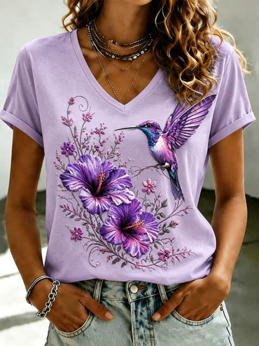 Women's Purple Flora Art Printed V-neck T-shirt