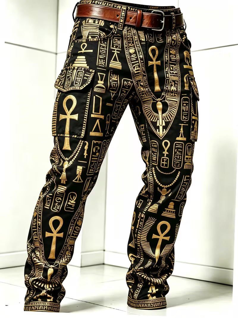 Egyptian Art Print Casual Workwear Trousers
