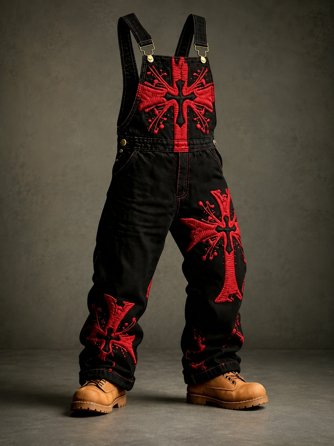 Men's Faith Art Print Vintage Casual Denim Patchwork Jumpsuit