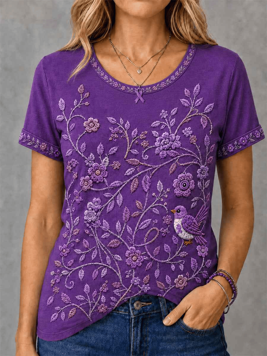 Women's Retro Hummingbird And Floral Print Comfortable T-Shirt