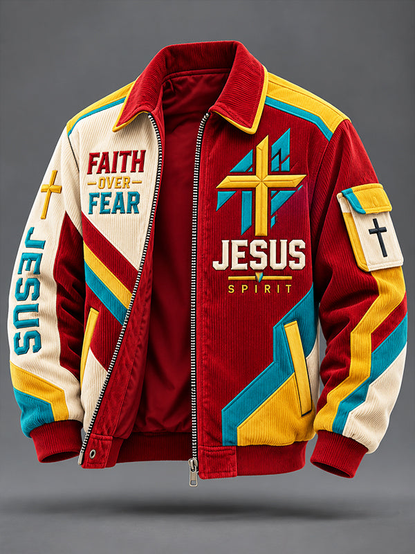 Men's Cross Faith Over Fear Jesus Spirit Color Block Print Casual Zip Up Corduroy Jacket
