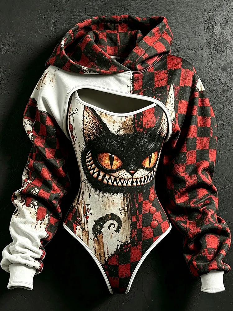 Women's Retro Halloween Plaid Cat Print Hoodie Two-piece Set
