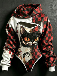 Women's Retro Halloween Plaid Cat Print Hoodie Two-piece Set