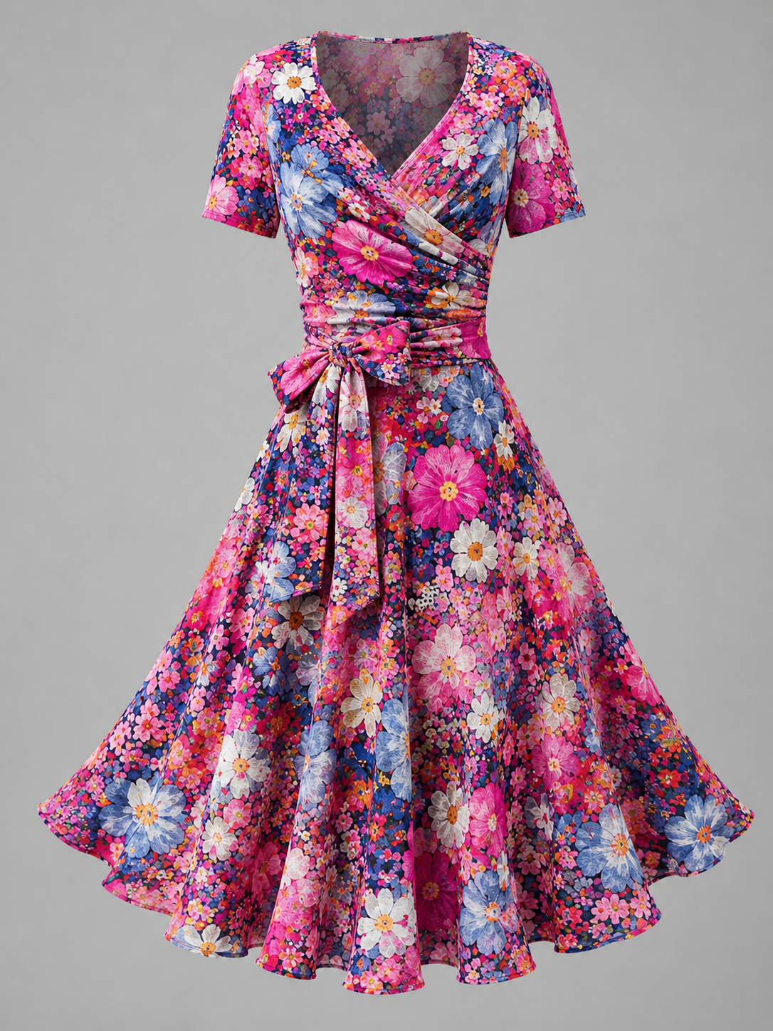 Floral Art Print V-Neck Short Sleeve Two-Piece Midi Dress